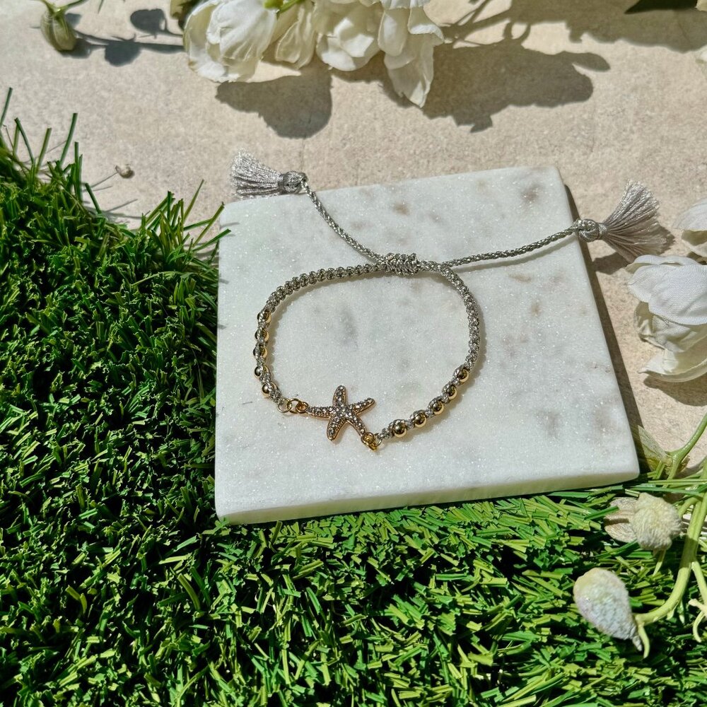 Rhinestones gold plated starfish grey cord adjustable bracelet ibiza boho style